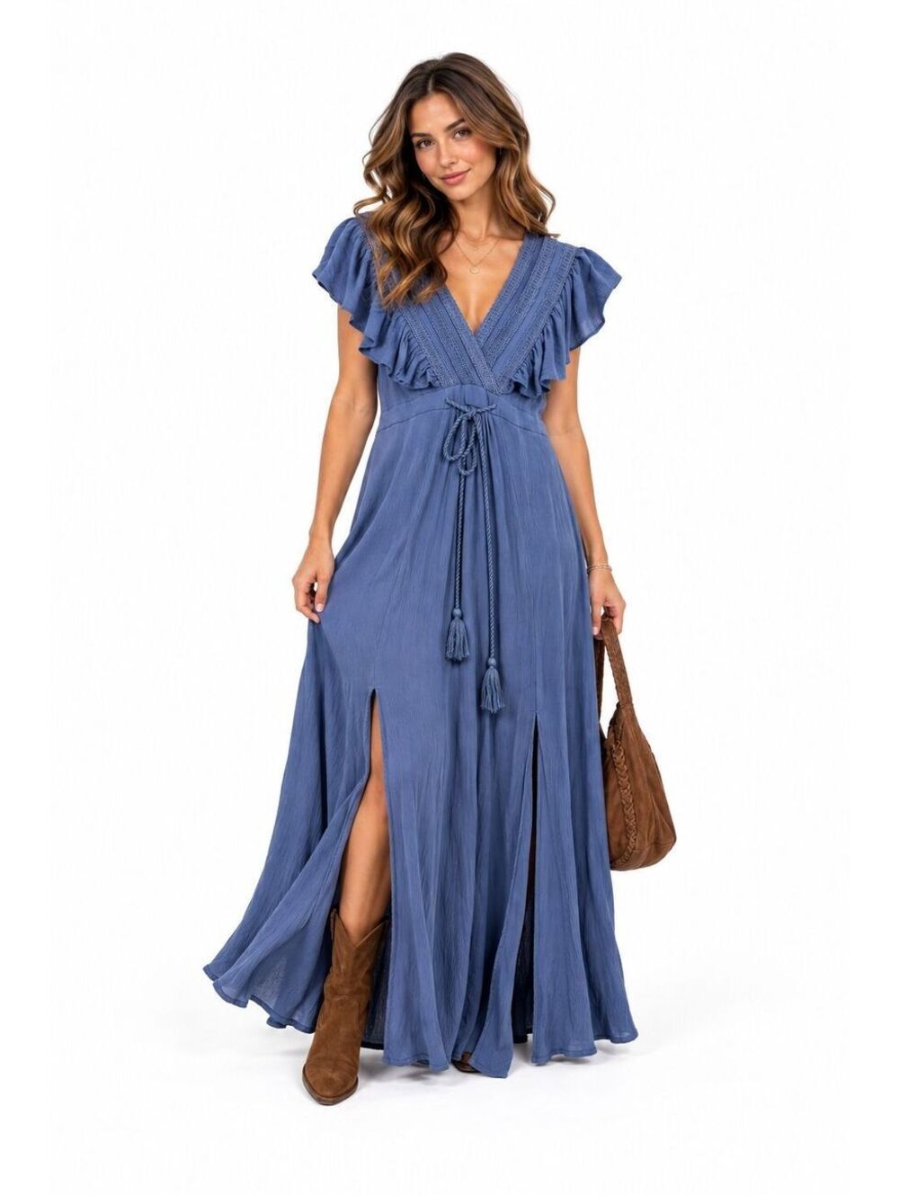 Baltic Born Jennifer Blue Maxi Dress Ruffle Flutter Sleeve Boho Wedding Guest L